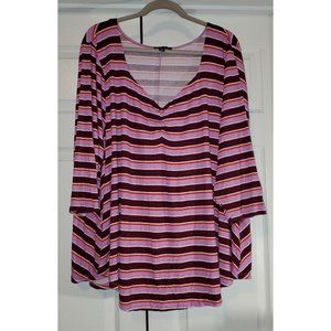 Lane Bryant Striped 3/4 Sleeve V-Neck Blouse - Pink/Maroon - Size 26/28